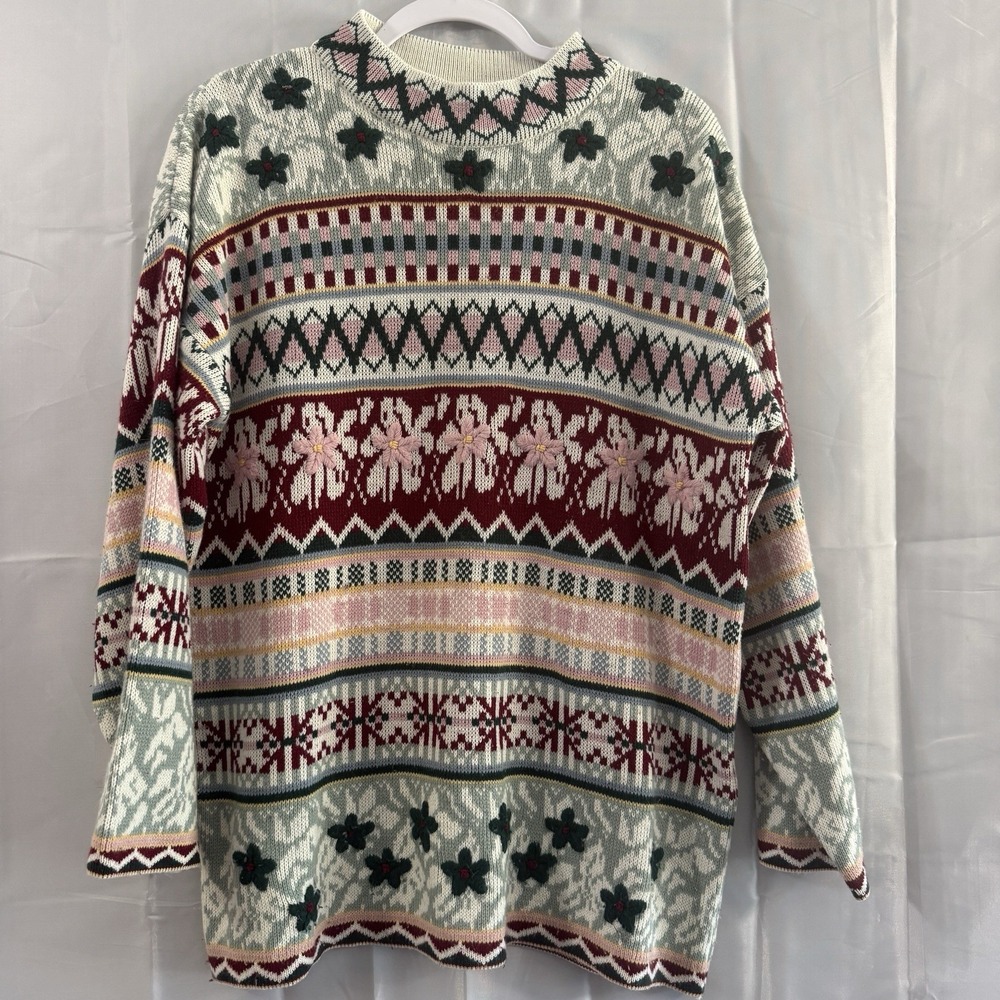 Vintage 90s Floral Embroidered Fair Isle Long Sweater Cottagecore Pullover M